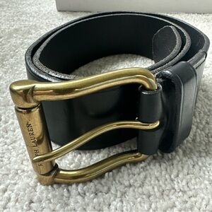 RALPH LAUREN 2" WIDE BLACK LEATHER BELT SOLID BRASS BUCKLE WOMENS SZ S / M